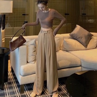 Quần tây nữ ống rộng màu nâu