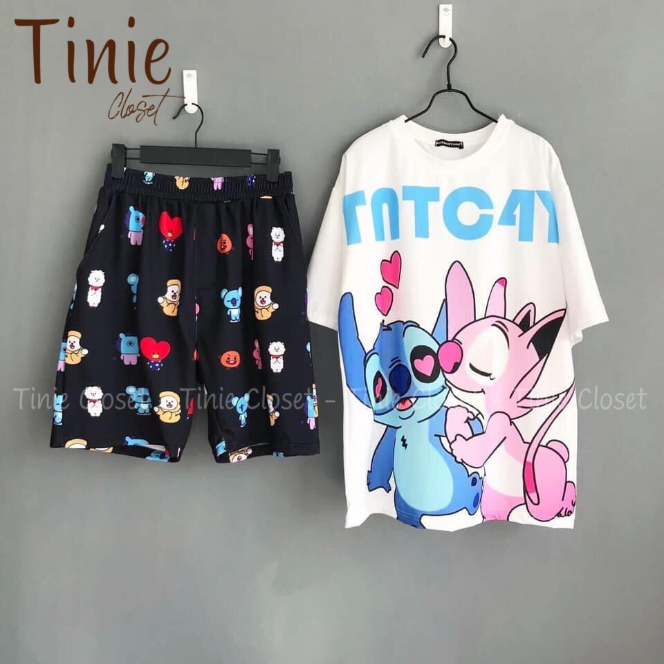 Set đồ bộ hoạt hình form rộng Unisex Stitchs Couple Tinie Closet, Áo thun+Quần đùi Freesize