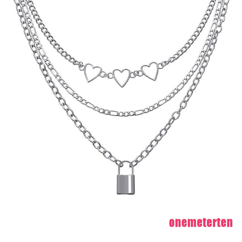 Fashion Multi-layer Love Heart Lock Pendant Necklace Women Punk Choker Je