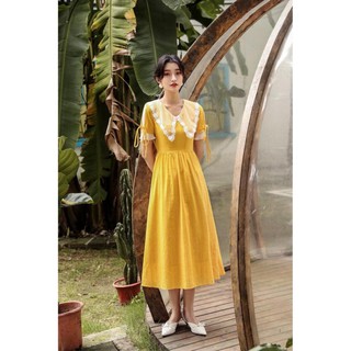 Đầm Vàng Thanh Tao Tay Cách Điệu - Thiết Kế - Hàng Cao Cấp (có sẵn kèm ảnh thật Hình 2)