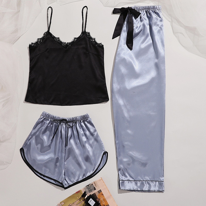 Set đồ ngủ vải lụa ba món thời trang quyến rũ dành cho nữ