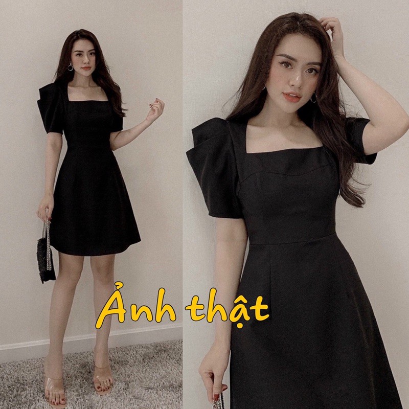 Đầm cổ vuông tay bồng lưng cột nơ 2 lớp