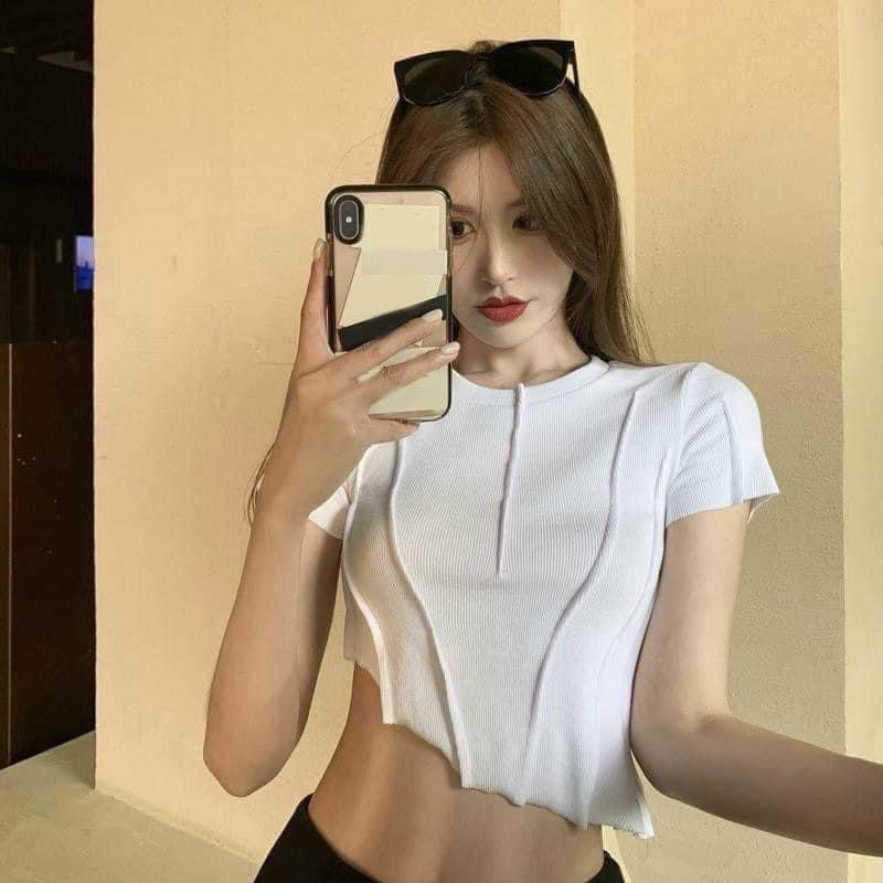Áo Croptop Body Thun Gân Ngắn Tay Lệch Tà Viền Chỉ Nổi Cá Tính Năng Động Nổi Bật