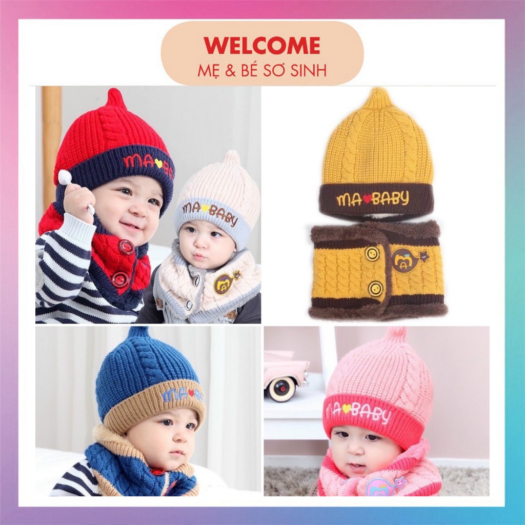 SET KHĂN MŨ LEN ⚡️FREESHIP⚡️ Set Mũ Len MaBaby Kèm Khăn Len Lót Lông Siêu Ấm Cho Bé