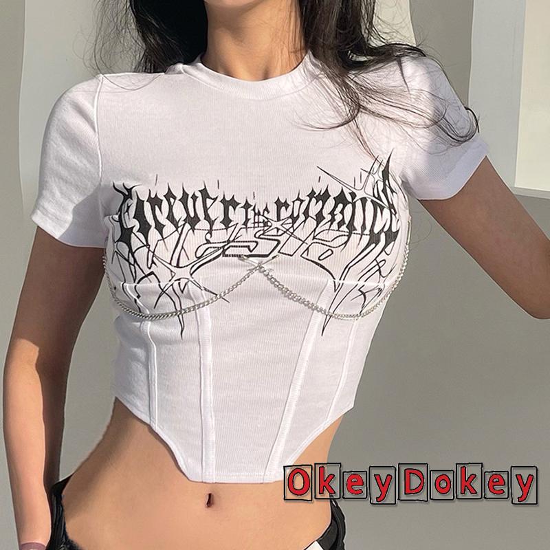 Áo Thun Ngắn Tay Cổ Tròn Ôm Dáng In Chữ Phối Dây Xích Kim Loại Cá Tính Cho Nữ