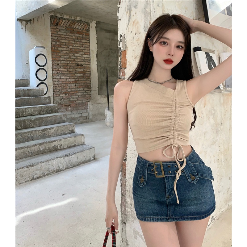 Áo croptop nữ áo kiểu dây rút chéo không tay dệt kim thời trang quyến rũ mẫu mới nhất S4T1-2
