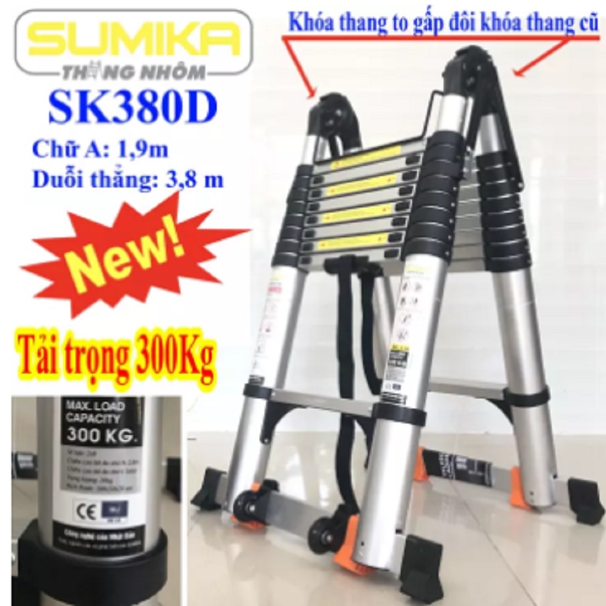 Thang nhôm rút chữ A Sumika SK380D, Thang Rút Nhôm Sumika, Công Nghệ Nhật Bản   - tải 300kg, BH 24 tháng