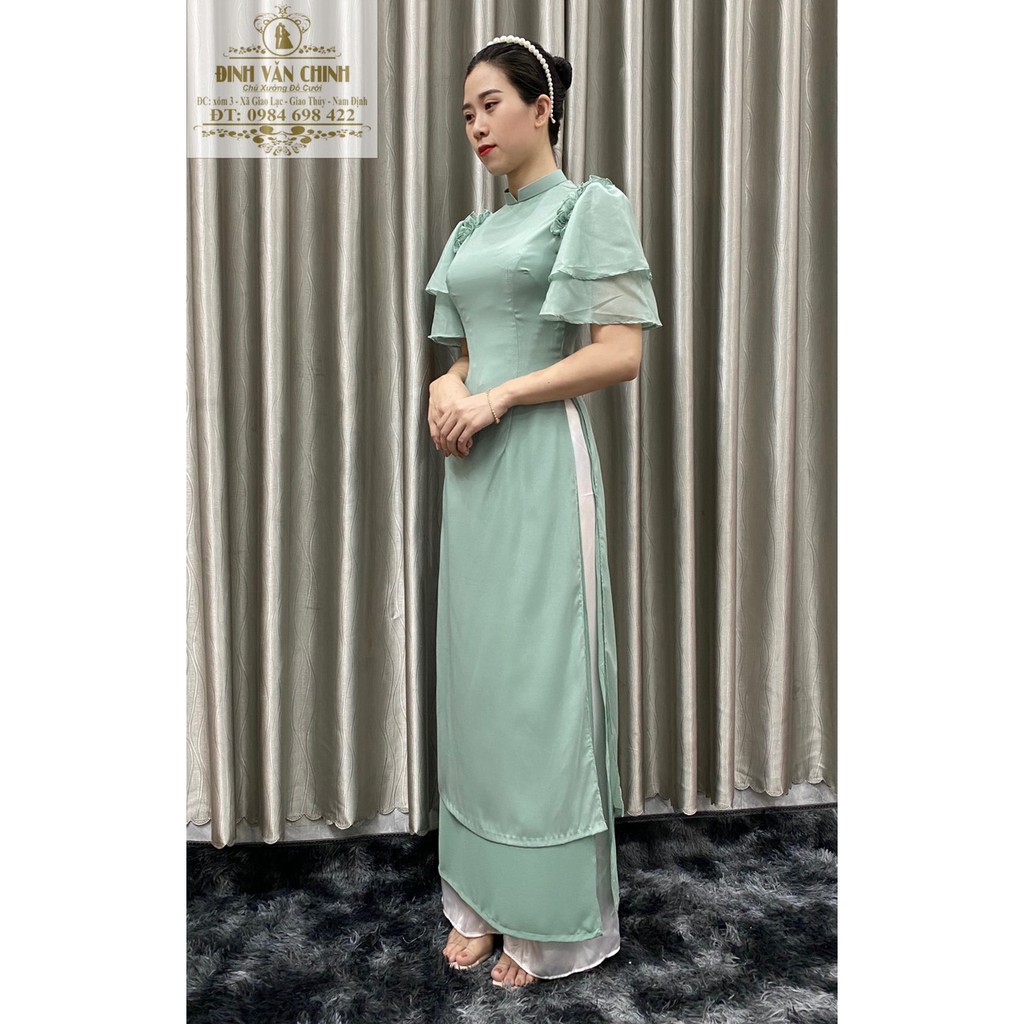 Áo dài tay bồng cánh tiên truyền thống_duy chinh-ADTG00022_tông màu xanh