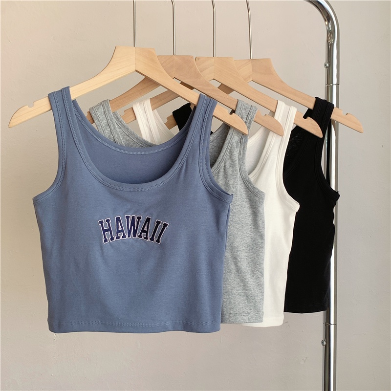 Áo croptop SUXI sát nách họa tiết thêu chữ thiết kế đơn giản thời trang cho nữ