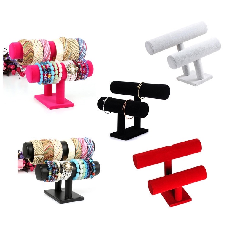 Trụ trưng bày vòng và trưng bày chuỗi 2 tầng màu đen bằng da cao cấp cao 19cm