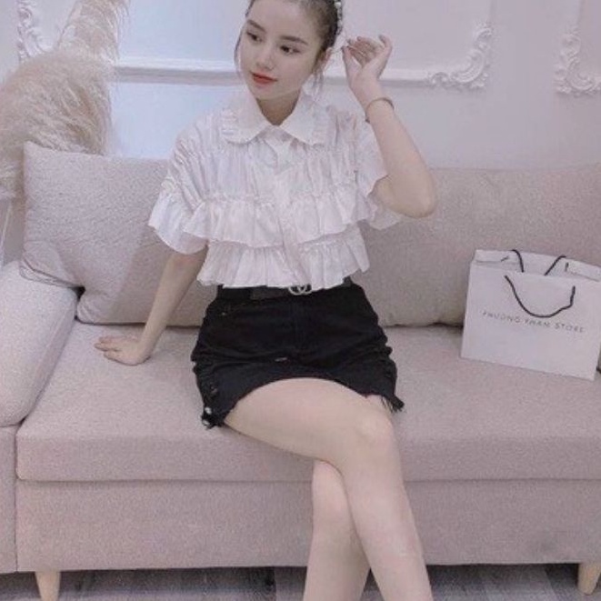 Áo sơ mi nữ - áo kiểu nữ cộc tay nhún bèo đính ngọc sang chảnh PANOSI - Mã A116