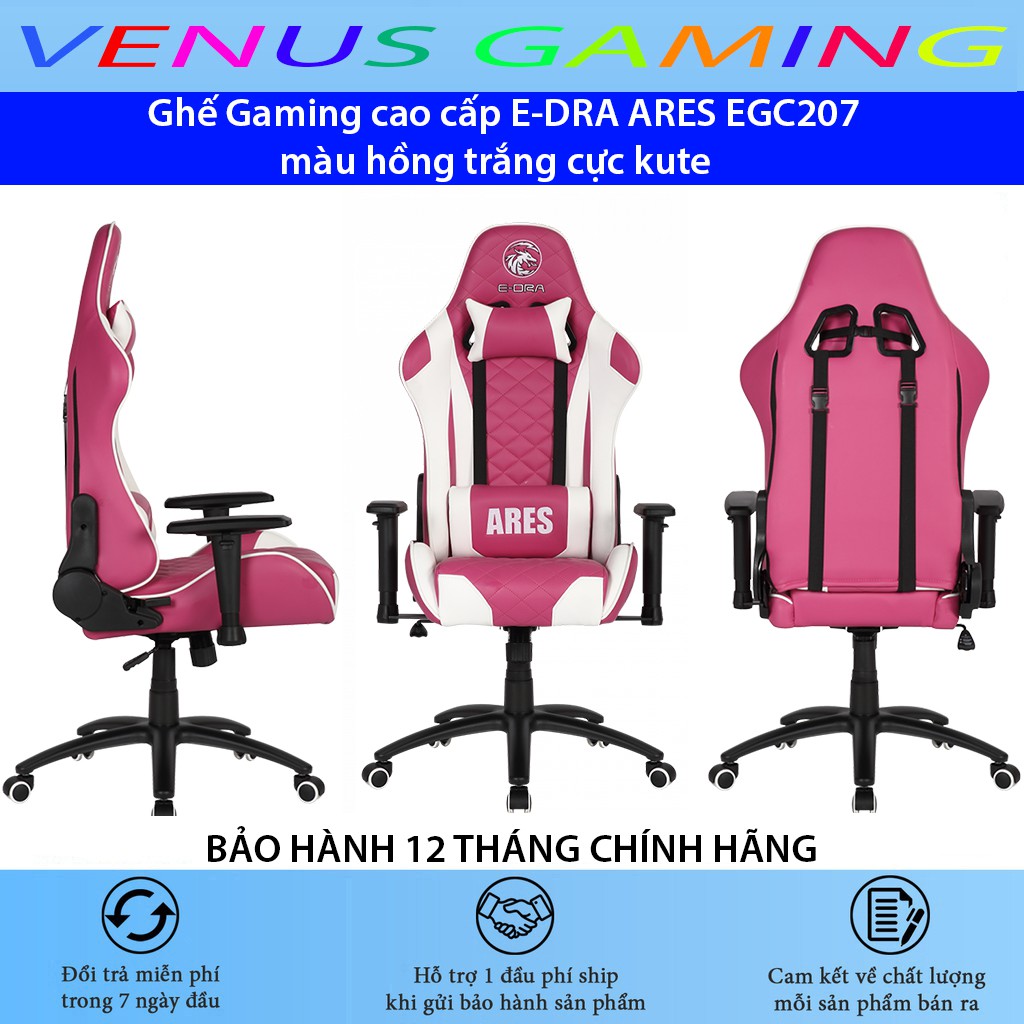 Ghế Gaming cao cấp E-DRA ARES EGC207 màu hồng trắng cực kute - Chất liêu: Da PU, ngả lưng 180 độ - Bảo hành 12 tháng