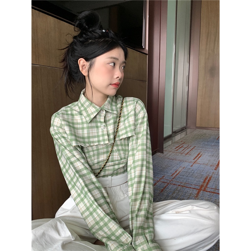 「MOTEL7」 Áo Sơ Mi Ngắn Tay Dài Kẻ Sọc + Áo Hai Dây Màu Tương Phản Dáng Ngắn Thời Trang Hàn Quốc Hàng Có Sẵn