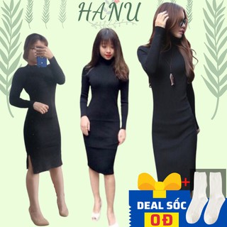 Đầm trơn Basic dài tay cổ cao dáng ôm body nữ chất len tăm màu đen mặc cực tôn dáng HANU, VBCL