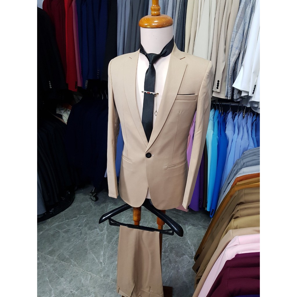 Bộ vest nam form ôm body màu cà phê tặng cà vạt kẹp