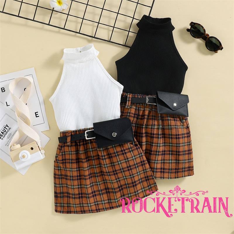 ♧Uw♔Bộ Áo Tank Top Hai Dây + Chân Váy Sọc Caro Thời Trang Mùa Hè Cho Bé Gái
