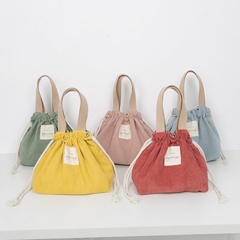 Túi Đựng Hộp Cơm Trưa Bằng Vải Nhung Kẻ Màu Trơn Có Dây Rút Tiện Dụng Mang Theo Du Lịch Dã Ngoại