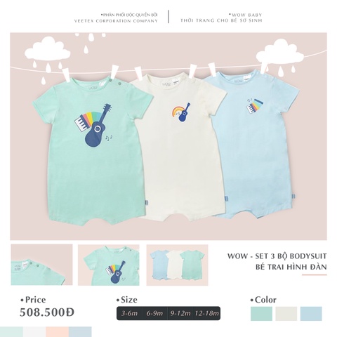 Set 3 Bộ Bodysuit Cho Bé Màu Đẹp, Mềm Mịn, An Toàn Không Gây Kích Ứng Da - Hàng Việt Xuất Sing