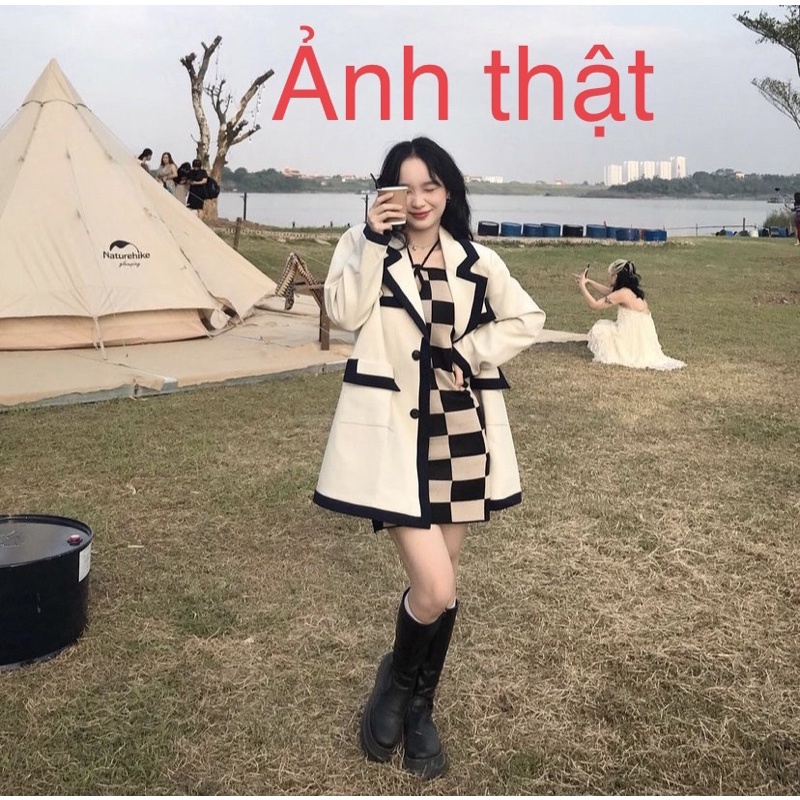 Áo khoác blazer 2 lớp đính cúc tay dày dặn/ vest nữ trắng be kẻ viền xanh than Quảng Châu