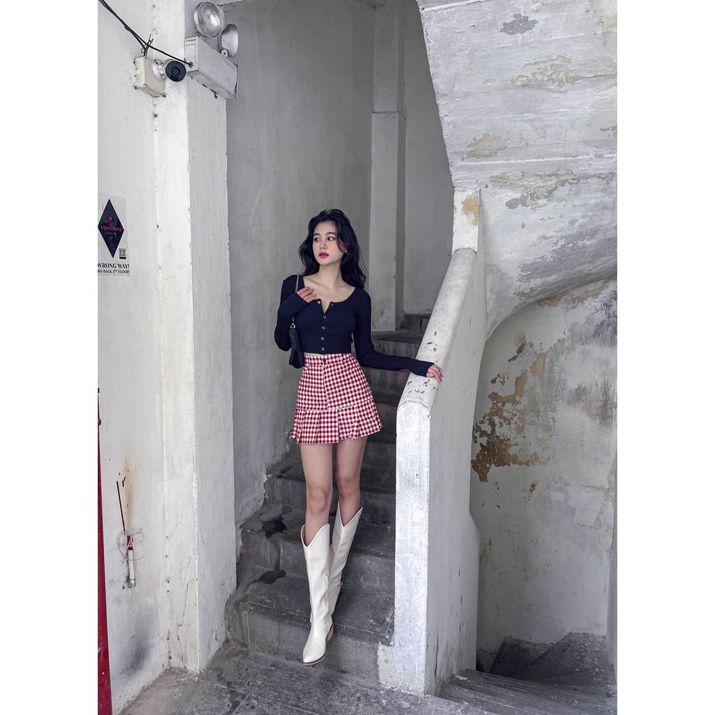 Chân váy HHVINTAGE, xếp ly, kiểu xòe chất kaki co giãn Skirt P05