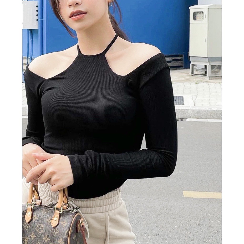 Áo Croptop Tay Dài Cổ Yếm Bẹt Vai khoe xương quai xanh siêu hot hit - AK0082 | bear.story