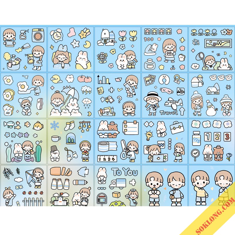 Set 20 tấm 100 miếng sticker nhãn dán Cô nàng dễ thương cute trang trí sổ, điện thoại, nhãn dán laptop