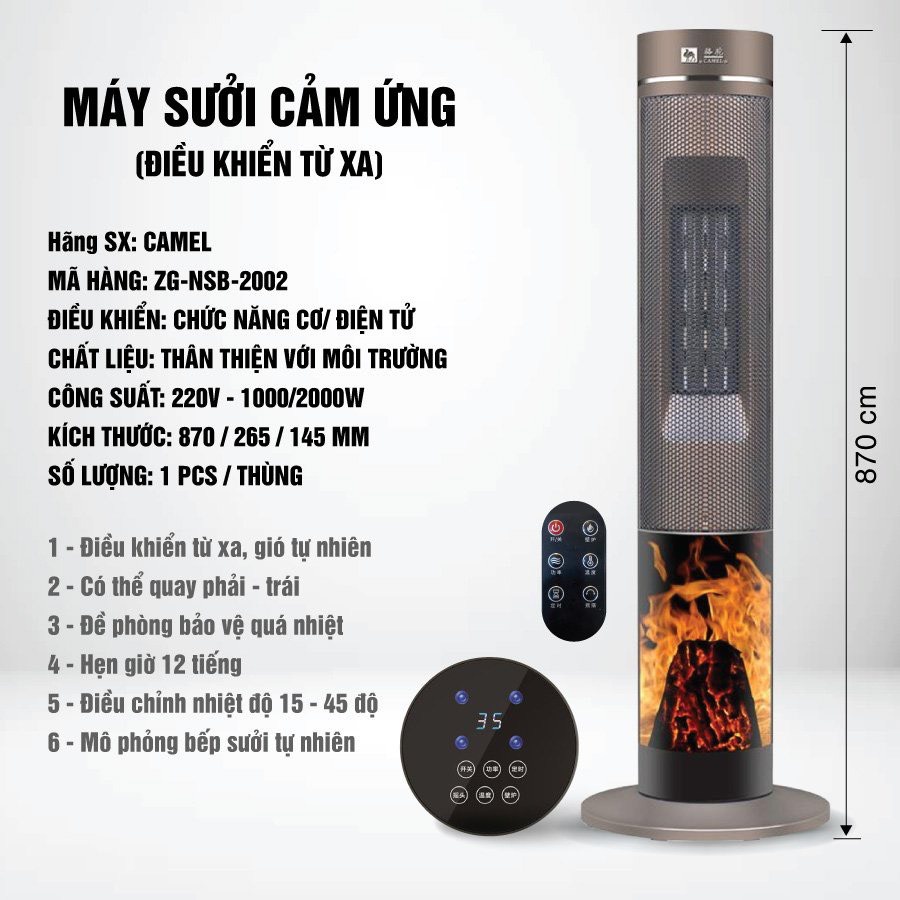 Quạt sưởi chính hãng CAMEL dáng đứng, góc xoay 120 độ tỏa nhiệt, công suất 2000W - BH 12 tháng