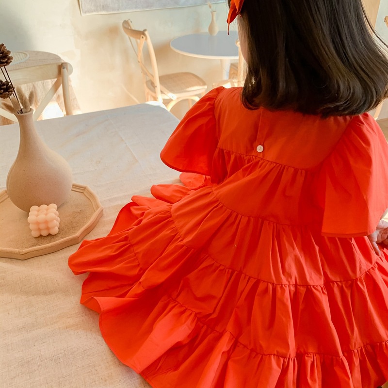 Đầm công chúa tay phồng cổ tròn màu trơn phong cách Hàn Quốc cho bé gái 3-8t