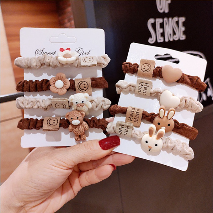 Set 4 dây chun buộc tóc sợi nhún bông kèm charm thú cực xinh BAG U CHUNNHUNBONG097