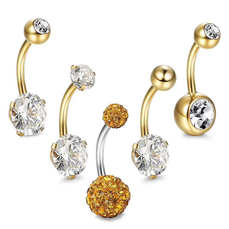 Set 5 Khuyên Rốn Thép Không Gỉ Đính Đá Pha Lê