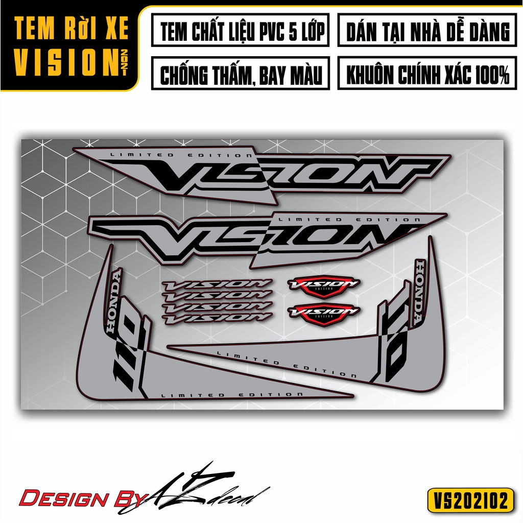 Tem Rời Xe Vision 2015 - 2022 Mẫu Logo Chữ Cách Điệu | VS02 | Decal Dán Xe Vision Chống Nước, Bền Màu, Dễ Sử Dụng
