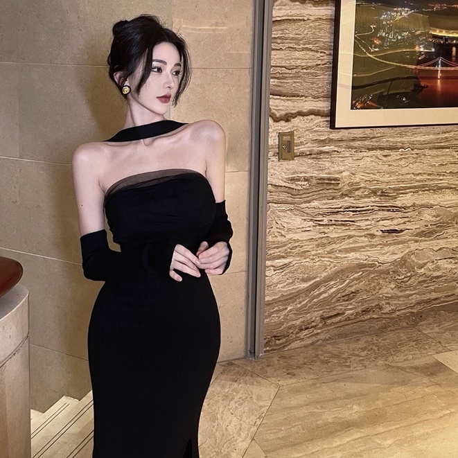 Đầm Dệt Kim Tay Dài Cổ Xẻ Tà Màu Đen Co Giãn Phong Cách Hàn Quốc Thời Trang Mùa Thu Quyến Rũ Cho Nữ