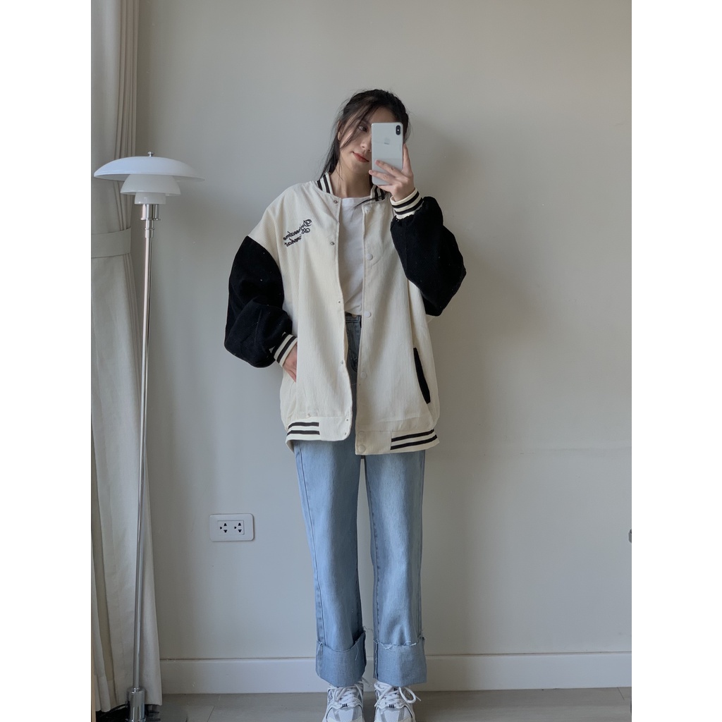 Áo khoác bóng chày nhung tăm 2 lớp thêu chữ JB124 LOLLIE STUDIO