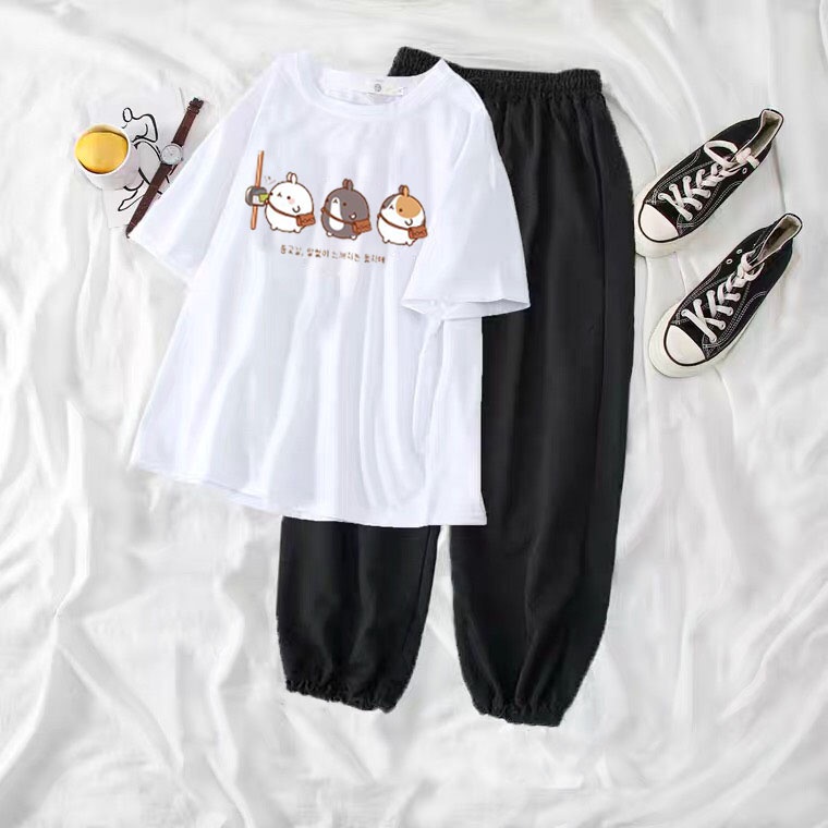 Sét áo Phông gran.d + quần bom đen, Áo thun from rộng, Chất đẹp không xù, quần suông ống rộng, Sét bộ mặc ở nhà - MODY