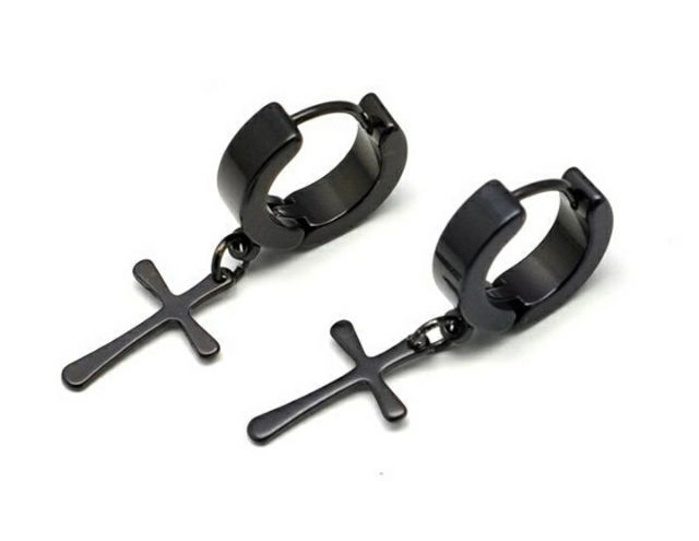 Bông tai khoen inox thánh giá màu đen