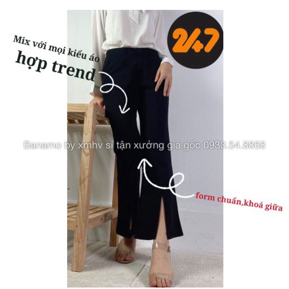 [Mã FAMARAL1 giảm 10K đơn 50K] Quần vải ống loe xẻ trước cạp cao dáng xinh thời trang Banamo Fashion quần loe xẻ gấu 435