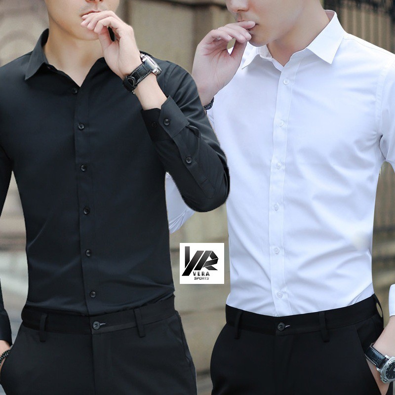 Áo sơ mi đen dài tay, cổ bẻ, vải lụa  co giãn, không nhăn,  xù  cao cấp Vera Shop - SML