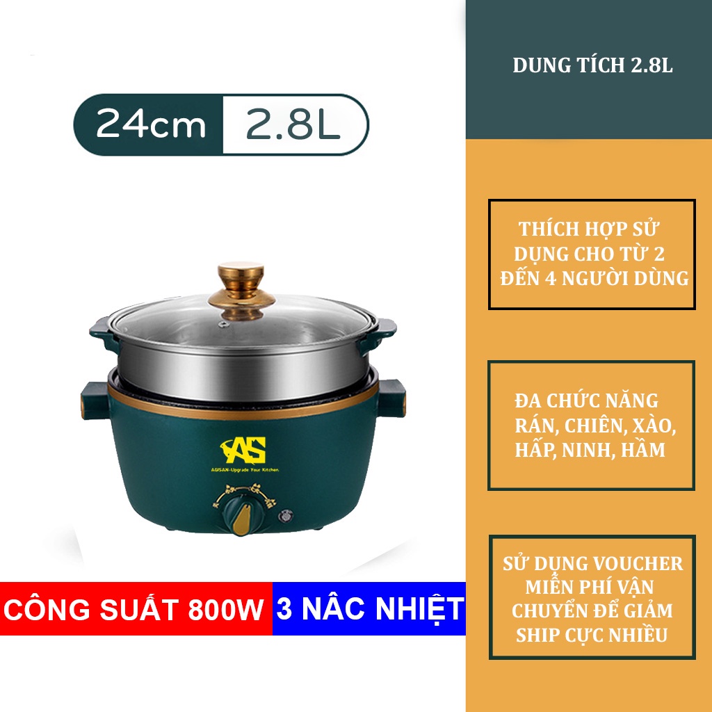 Nồi Lẩu Mini Cắm Điện Đa Năng AGISAN Có Xửng Hấp Dung Tích 1.8L Công Suất 600W Chống Dính Cao Cấp