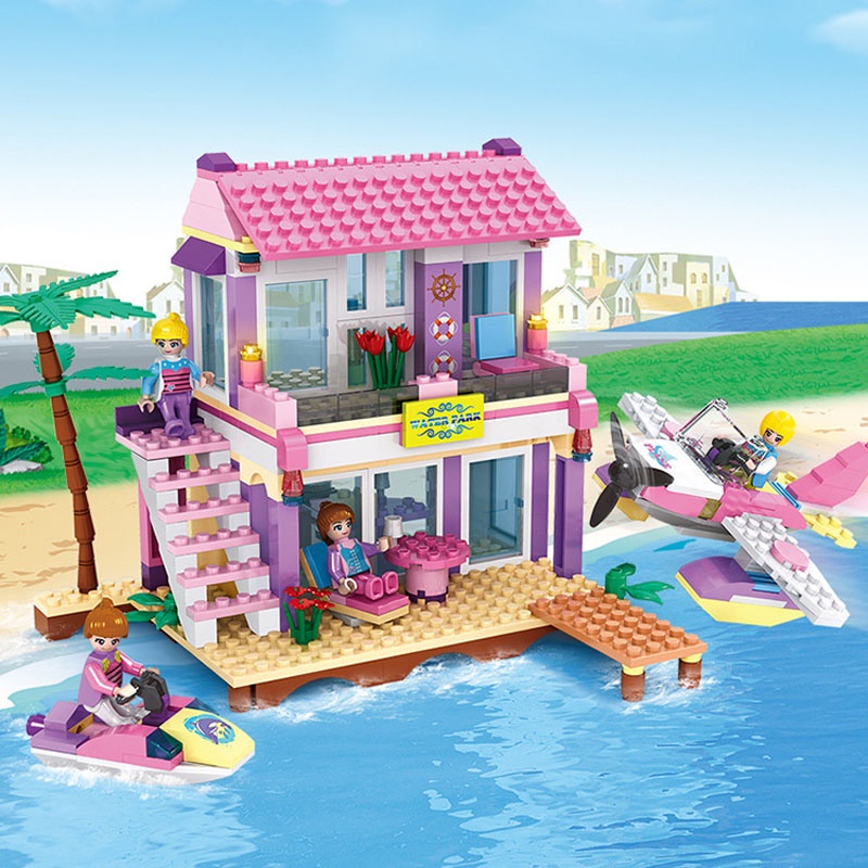 (sẵn) Đồ chơi xếp hình lắp ráp Đồ chơi lego bé gái lego friends 423 pcs 4 dolls biệt thự ven biển có máy bay gogo 14515