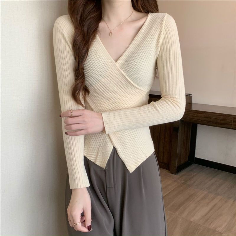 COZOK Áo sweater Tay Dài Cổ Chữ V Dáng Ôm Xẻ Tà Quyến Rũ Trẻ Trung