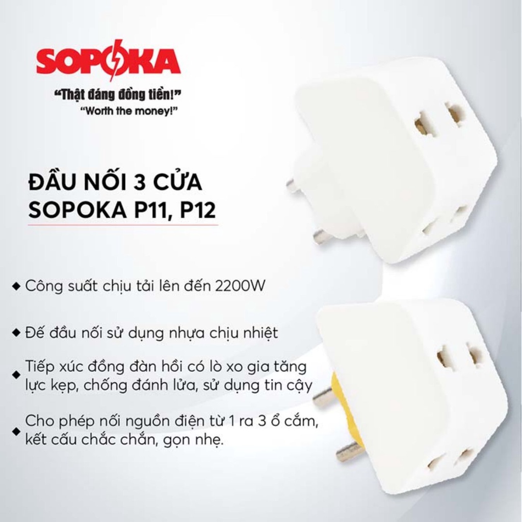 Đầu nối 1 ra 3 SOPOKA P11 cao cấp chính hãng, 10A-250V, chịu tải cao 2200W, ổ cắm 3 lỗ, phích cắm chia điện 1 ra 3 cổng