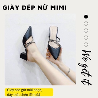 Giày cao gót mũi nhọn dây thắt chéo đính đá, cao gót đế vuông 5cm 2 màu đen, trắng MiMi