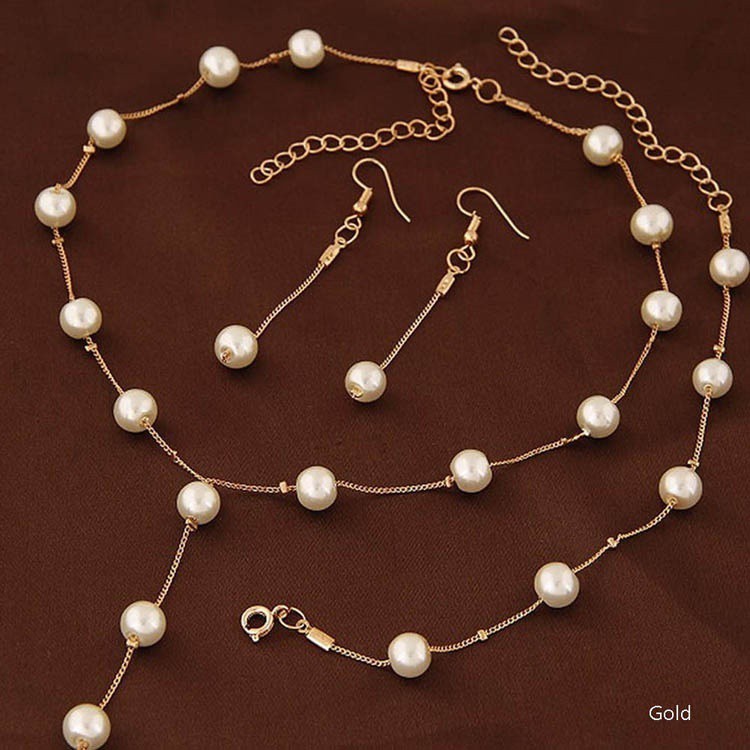 Imitation Pearl Jewelry Necklace Sets Multilayer Simulated-pearl Necklace\/Bracelet\/Earrings Gold-plated Jewelry Sets