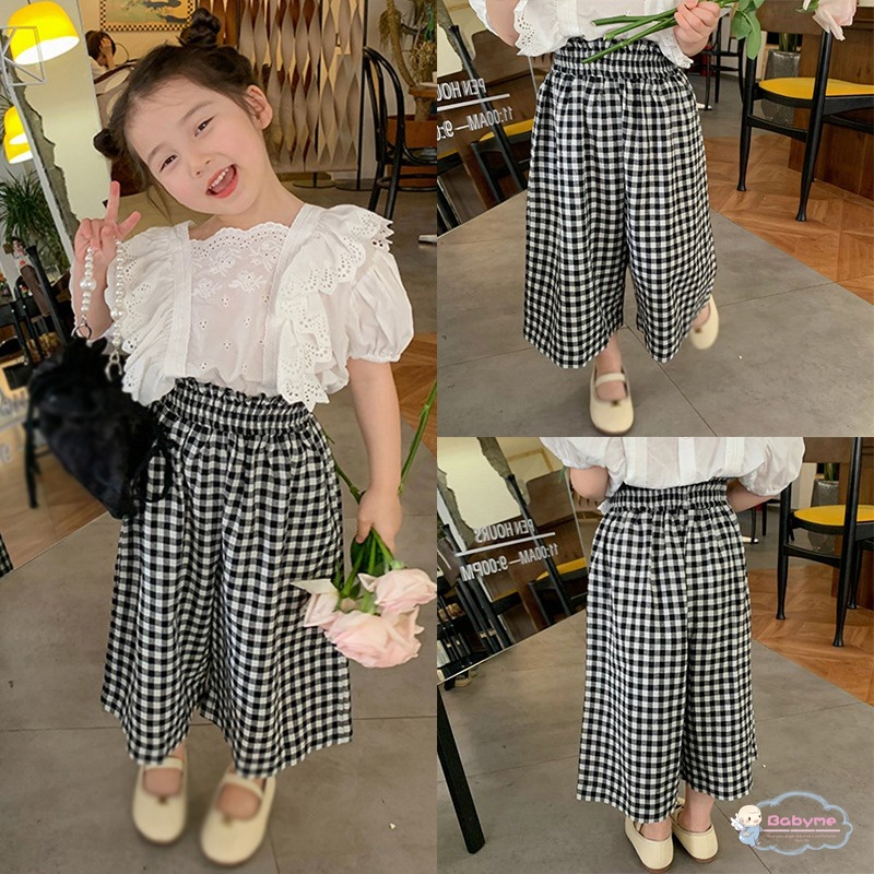 Quần ống rộng Lưng Thun Họa Tiết Sọc Caro Phong Cách Hàn Quốc Thời Trang Mùa Hè Cho Bé Gái