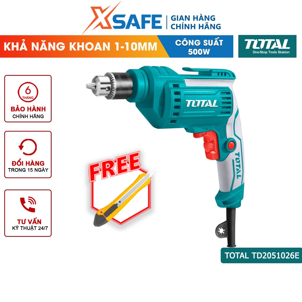 Máy khoan điện cầm tay TOTAL TD2051026E công suất 500W, có đảo chiều, tốc độ không tải 0-3300 vòng/ph, tốc độ thay đổi