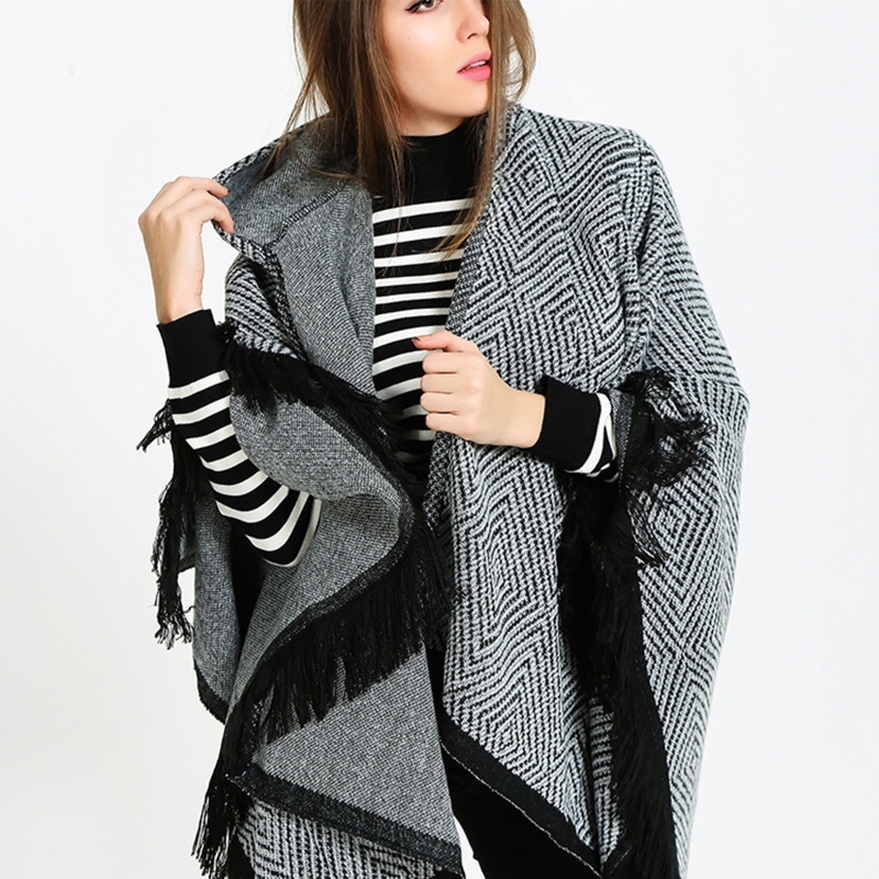 Khăn Choàng Dệt Kim Phối Tua Rua Viền Tua Rua Oversize Giữ Ấm Mùa Đông Phong Cách Vintage Cho Nữ