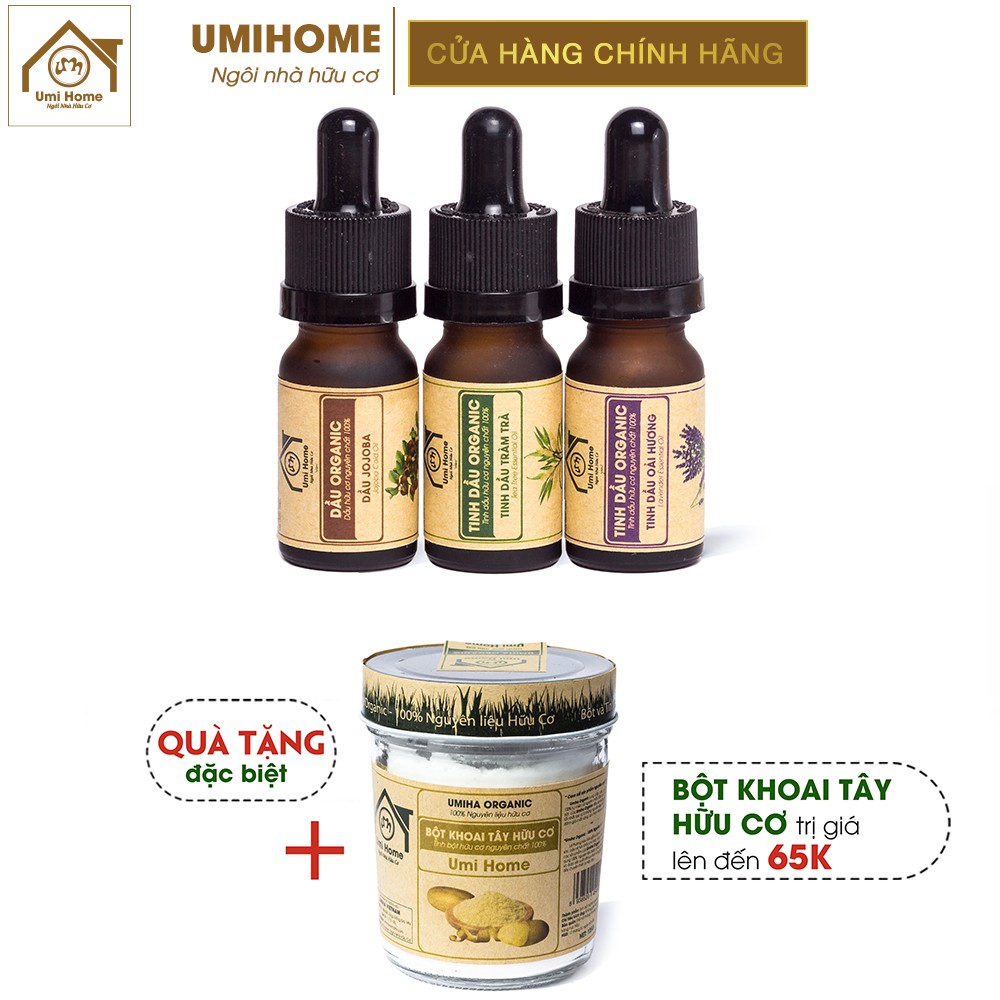 Combo Tinh Chất Xử Lý Mụn, Ngừa Thâm UMIHOME gồm TD Jojoba, TD Tràm Trà, TD Oải Hương (10mlx3). Tặng Bột Khoai Tây 125g