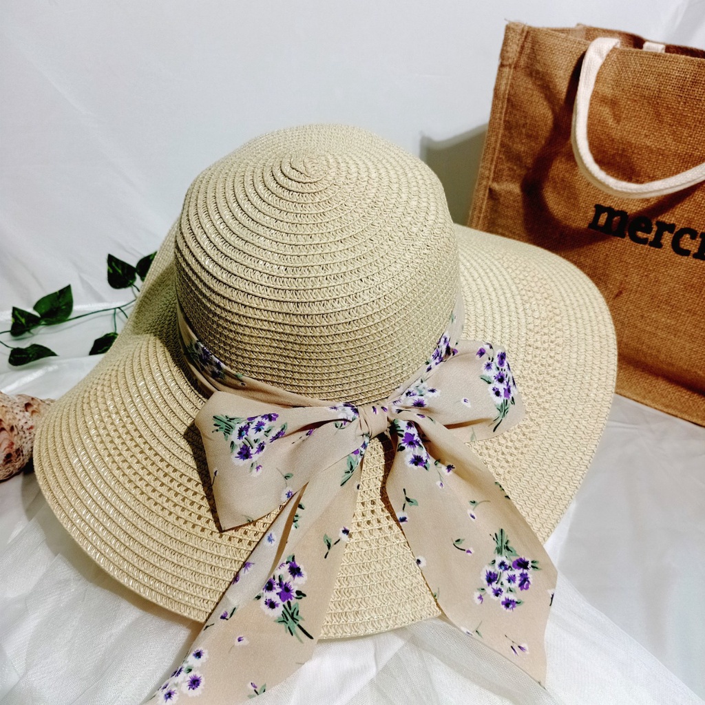 Nón cói/mũ cói nữ đi biển vành rộng phối nơ voan to sang chảnh hình chụp thật-vành rộng nơ voan