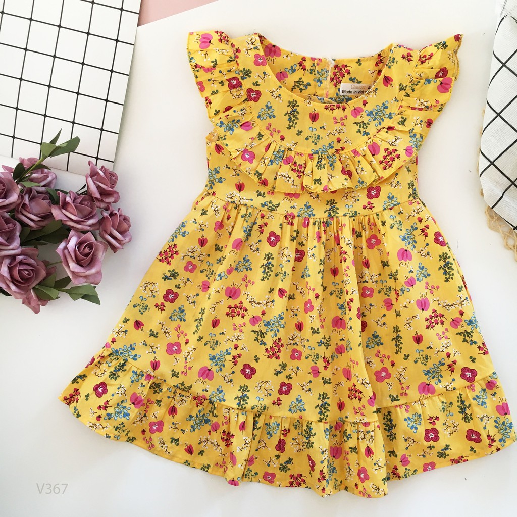 Váy Đầm Hoa Nhí 2 Màu Cho Bé Gái Cổ Phối Bèo Điệu Đà Size 8-20Kg NamKidShop (V367)