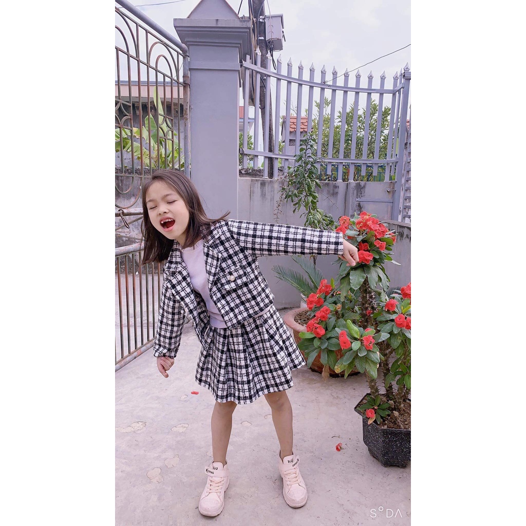 Set dạ cho bé gái cực sang chảnh - 3 chi tiết gồm: áo khoác + áo trong + chân váy